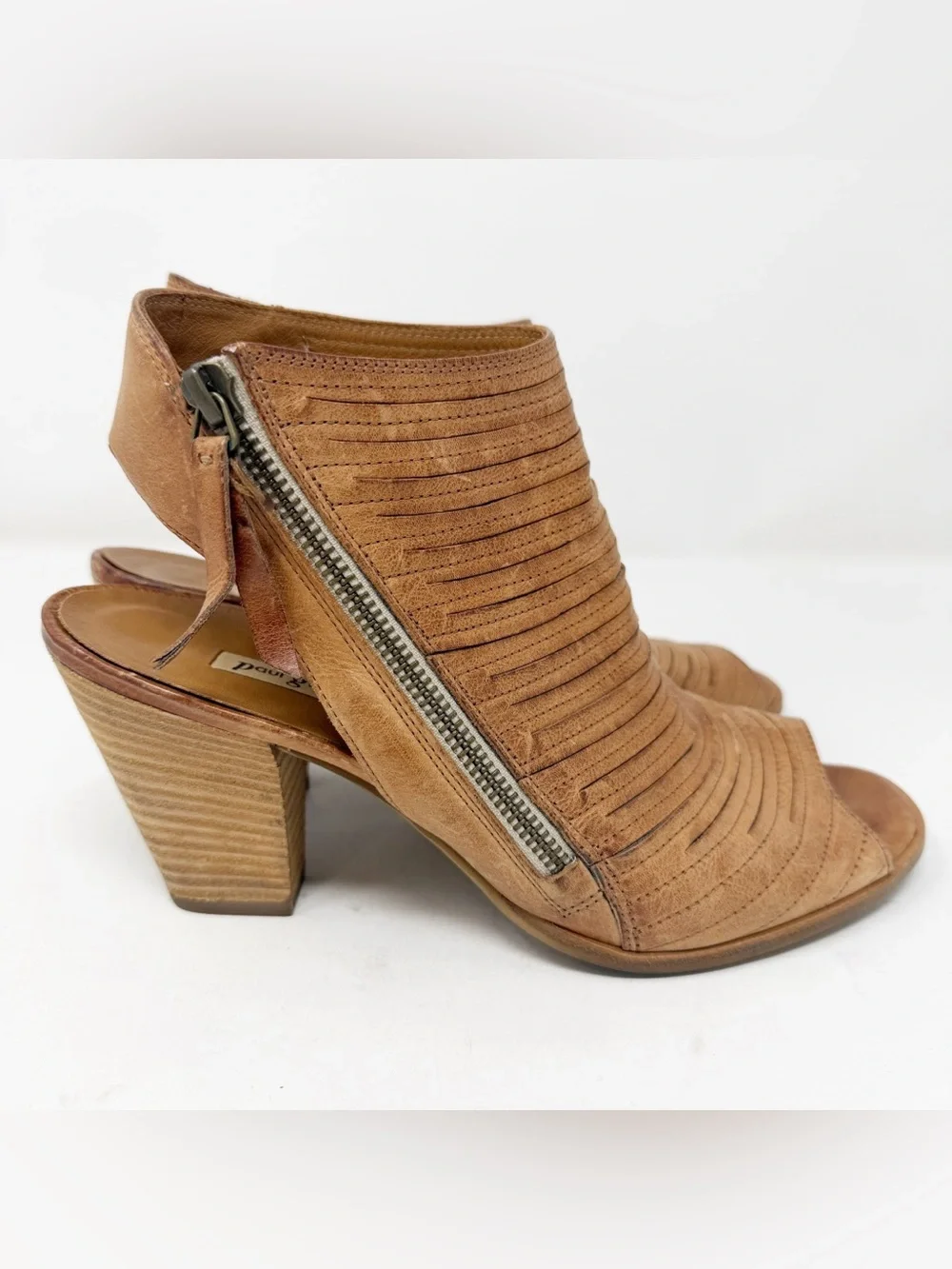 Paul Green Cayanne Sliced Leather Peep Toe Booties Cognac Zip Heel 6.5 US 9